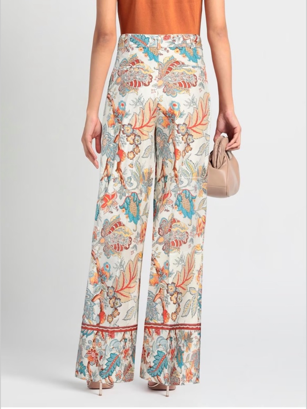 Etro Cream Floral-Paisley Wide-Leg Tie-Waist Pants with Teal and Orange Accents - Picture 2 of 9